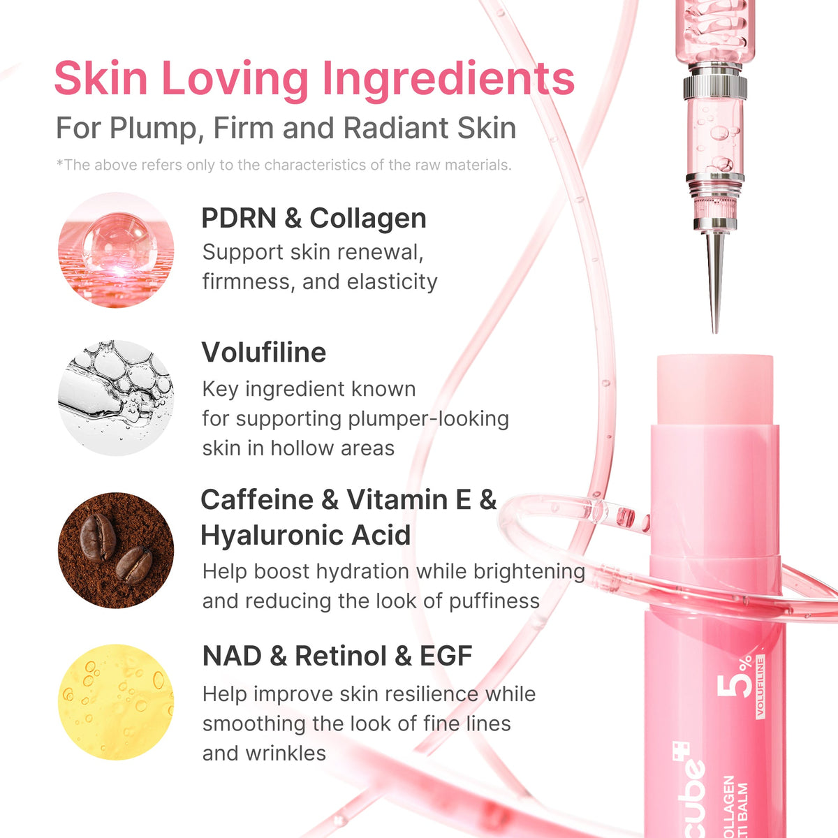 Ingredientes clave: PDRN y colágeno, Volufiline, cafeína, vitamina E, ácido hialurónico, NAD, retinol y EGF